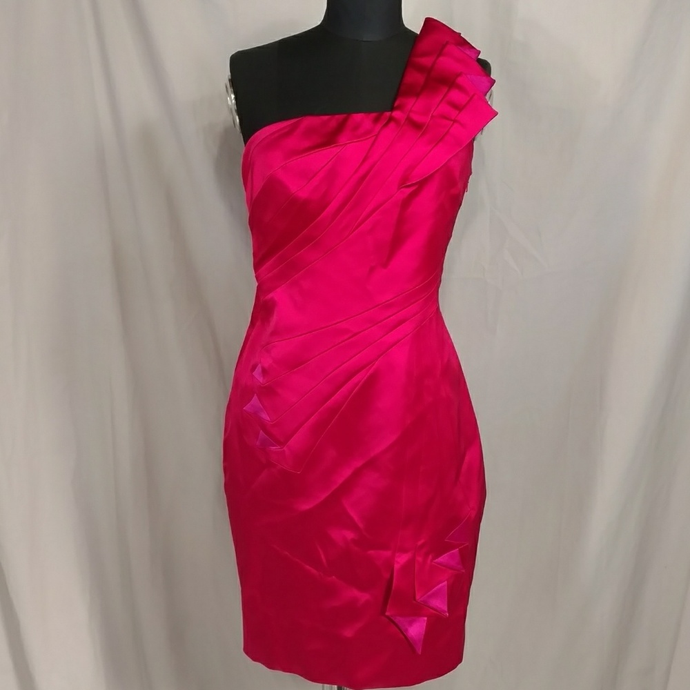 Vibrant Hot Pink Satin Dress Karen Millen Asymetrical Sexy & Classy High Quality